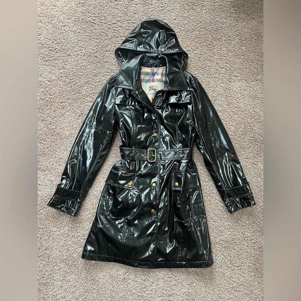 Burberry Black Patent Hooded Trench Coat